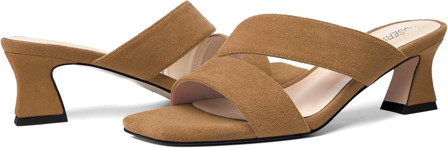 ROSERWISH Womens Fahion Dating Suede Slip On Open Toe Dress Chunky Low Heel Heeled Sandals 2 Inch