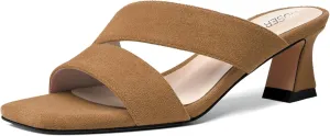 ROSERWISH Womens Fahion Dating Suede Slip On Open Toe Dress Chunky Low Heel Heeled Sandals 2 Inch