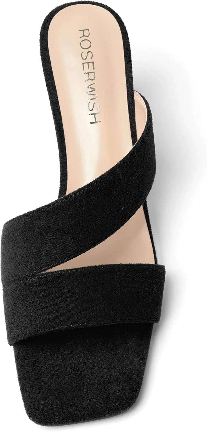 ROSERWISH Womens Fahion Dating Suede Slip On Open Toe Dress Chunky Low Heel Heeled Sandals 2 Inch