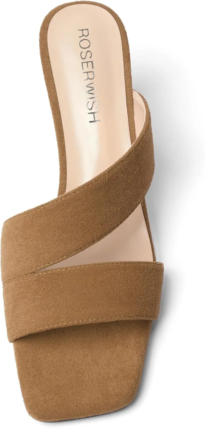 ROSERWISH Womens Fahion Dating Suede Slip On Open Toe Dress Chunky Low Heel Heeled Sandals 2 Inch