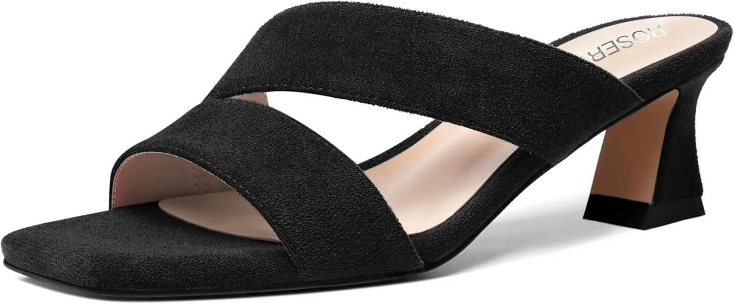 ROSERWISH Womens Fahion Dating Suede Slip On Open Toe Dress Chunky Low Heel Heeled Sandals 2 Inch