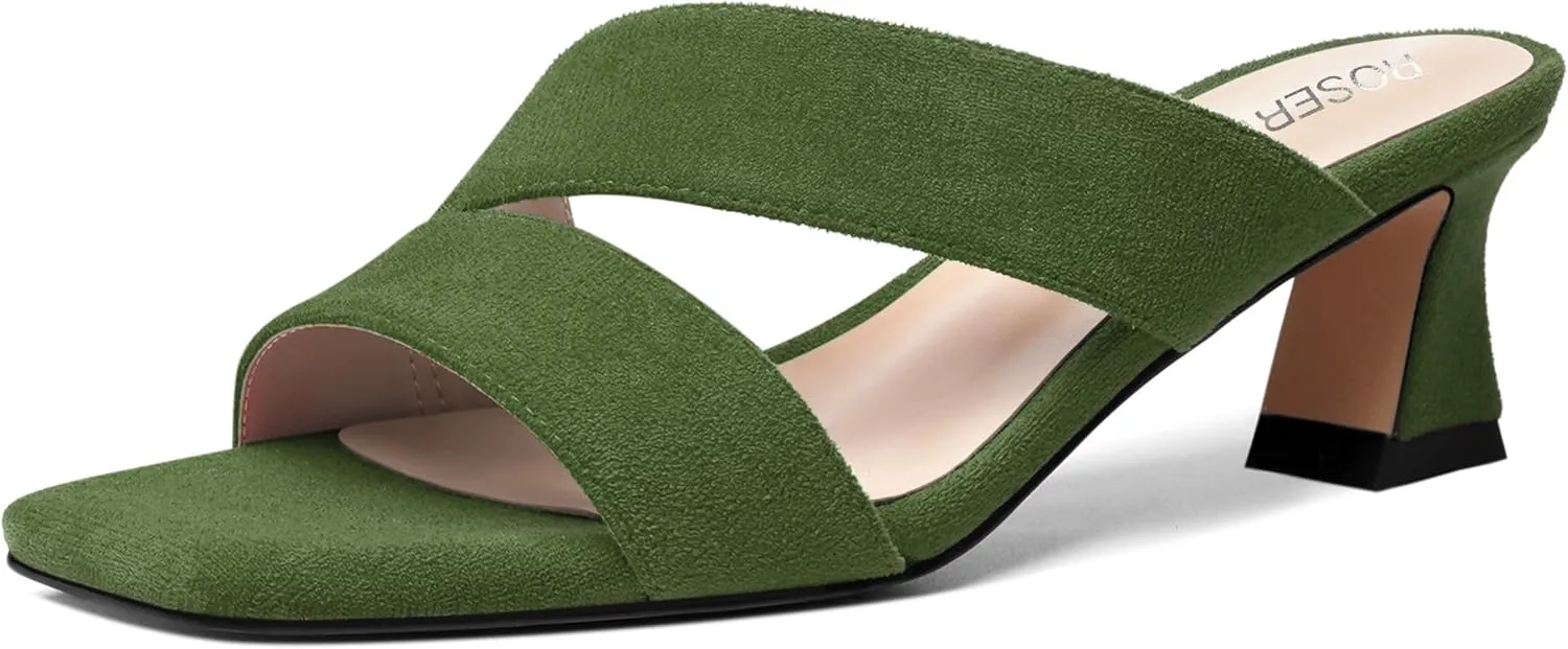 ROSERWISH Womens Fahion Dating Suede Slip On Open Toe Dress Chunky Low Heel Heeled Sandals 2 Inch