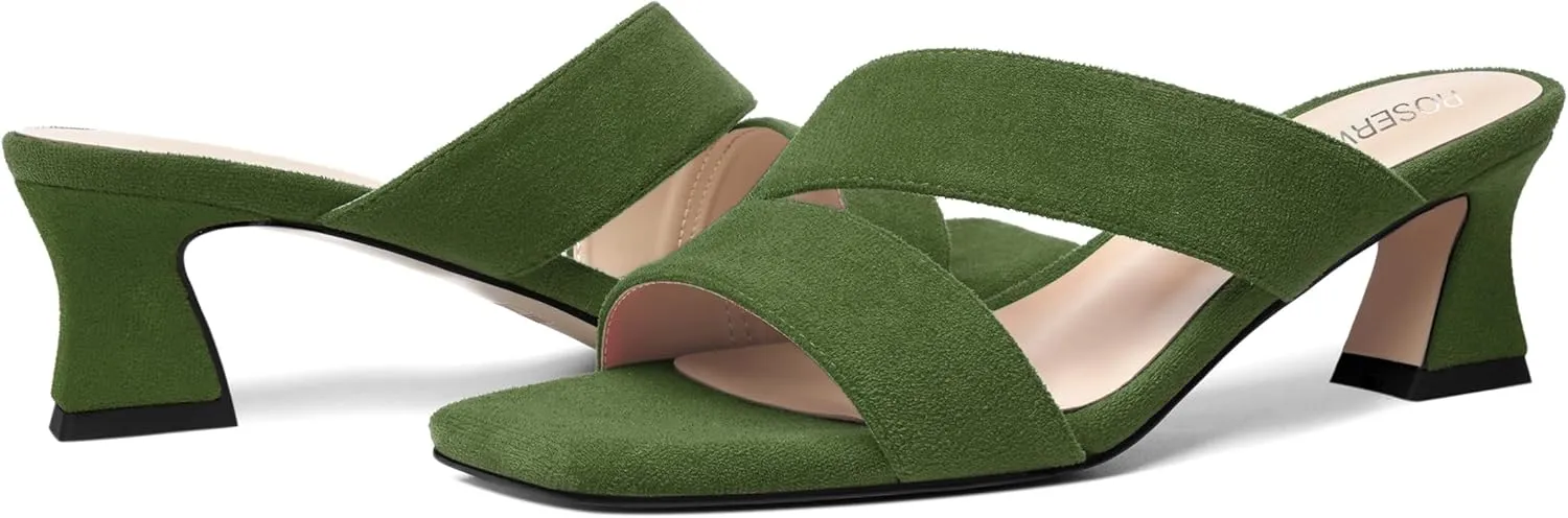ROSERWISH Womens Fahion Dating Suede Slip On Open Toe Dress Chunky Low Heel Heeled Sandals 2 Inch
