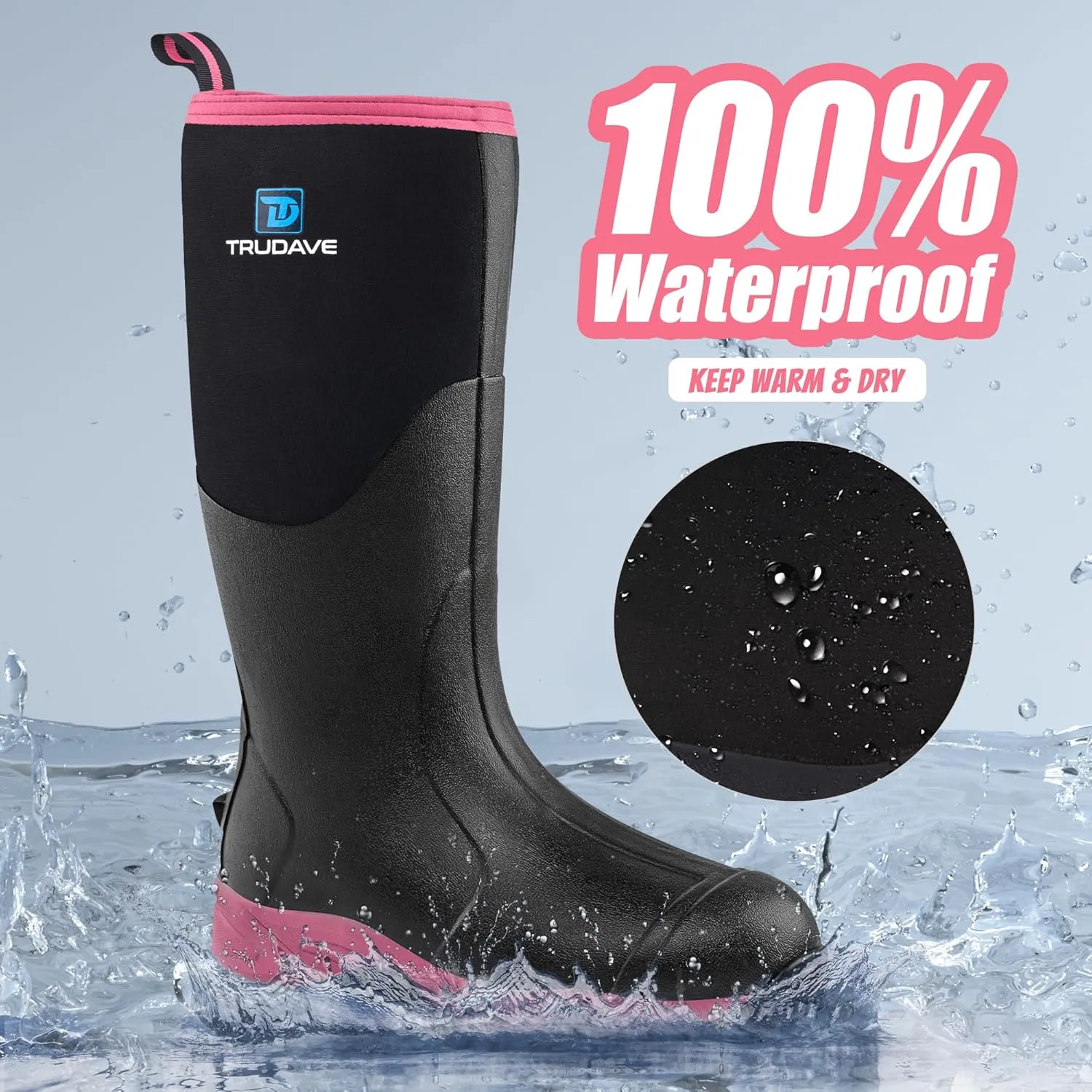 Rubber Boots for Women with Steel Shank, Waterproof Insulated Mud Rain Boots, 6mm Neoprene Anti-slip Outdoor Work Boots, Size 6-11