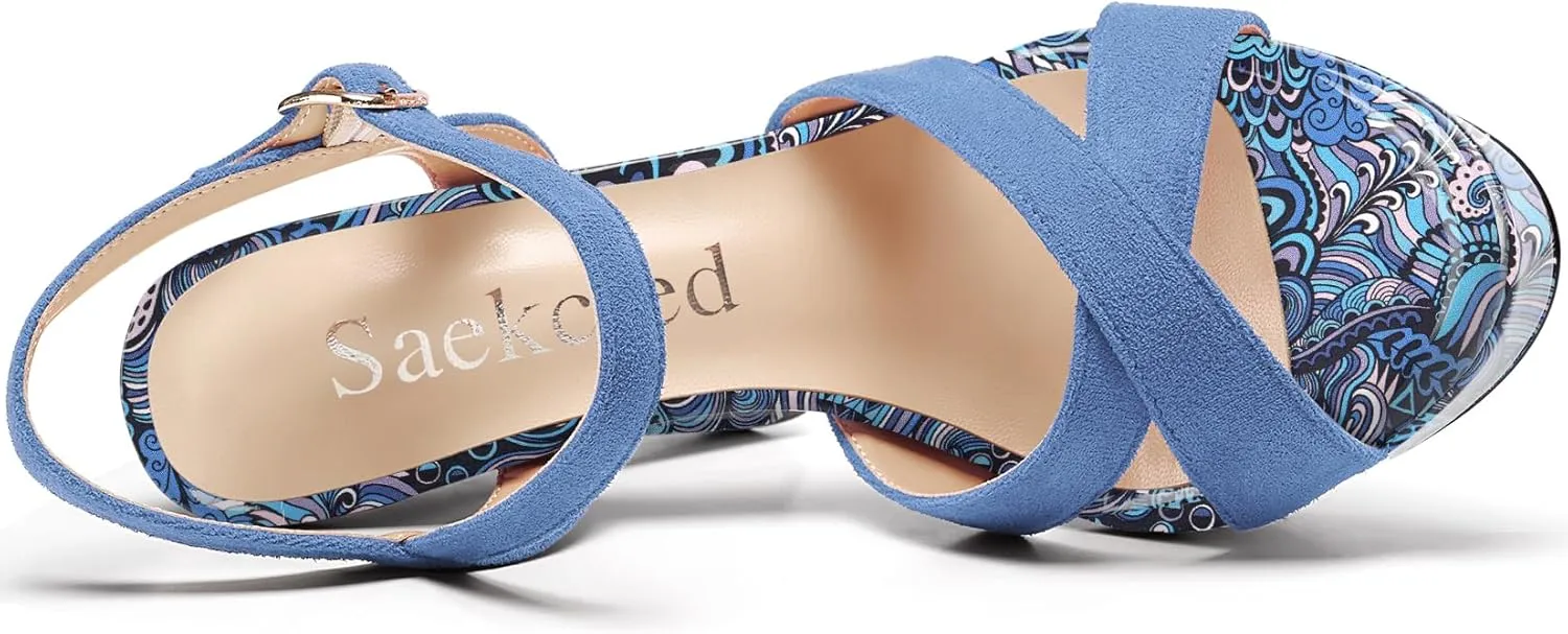 Saekcted Womens Chunky Block High Heel Open Toe Platform Ankle Strap Sandals Cross-Strap Patchwork Dress Shoes Casual Summer 5.1 Inches Heels