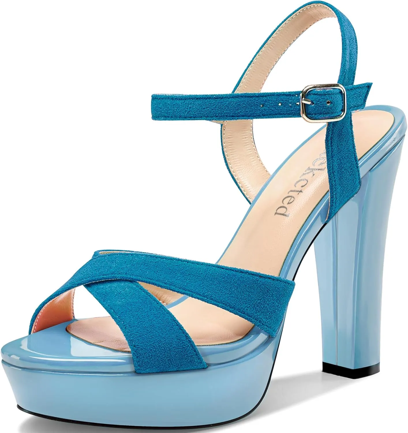 Saekcted Womens Chunky Block High Heel Open Toe Platform Ankle Strap Sandals Cross-Strap Patchwork Dress Shoes Casual Summer 5.1 Inches Heels