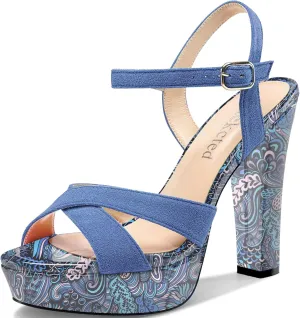 Saekcted Womens Chunky Block High Heel Open Toe Platform Ankle Strap Sandals Cross-Strap Patchwork Dress Shoes Casual Summer 5.1 Inches Heels