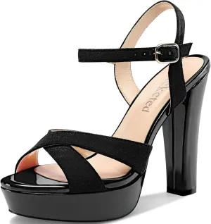 Saekcted Womens Chunky Block High Heel Open Toe Platform Ankle Strap Sandals Cross-Strap Patchwork Dress Shoes Casual Summer 5.1 Inches Heels