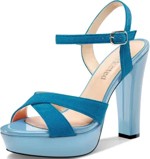 Saekcted Womens Chunky Block High Heel Open Toe Platform Ankle Strap Sandals Cross-Strap Patchwork Dress Shoes Casual Summer 5.1 Inches Heels