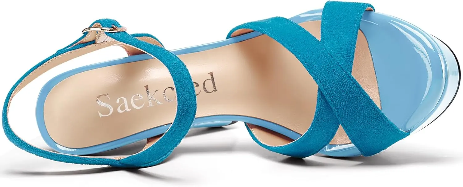 Saekcted Womens Chunky Block High Heel Open Toe Platform Ankle Strap Sandals Cross-Strap Patchwork Dress Shoes Casual Summer 5.1 Inches Heels