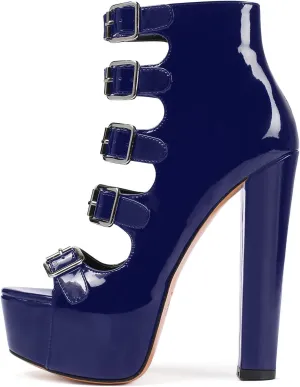SAMMITOP Women's Chunky Heel Platform Sandals Open Toe Buckle Strap Zipper Shoes