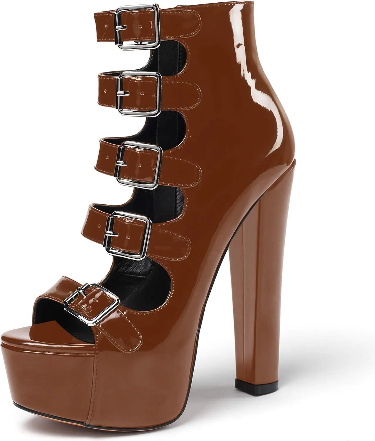SAMMITOP Women's Chunky Heel Platform Sandals Open Toe Buckle Strap Zipper Shoes