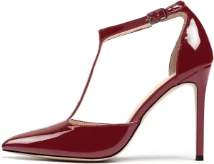 SAMMITOP Women's High Heel Ankle Strap Pumps T-bar Pointed Toe Dress Shoes Patent Leather Sandals