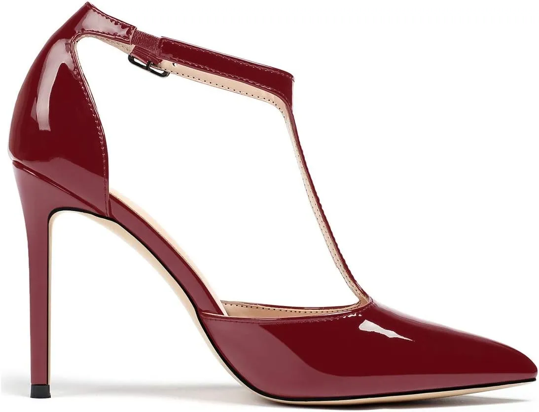 SAMMITOP Women's High Heel Ankle Strap Pumps T-bar Pointed Toe Dress Shoes Patent Leather Sandals