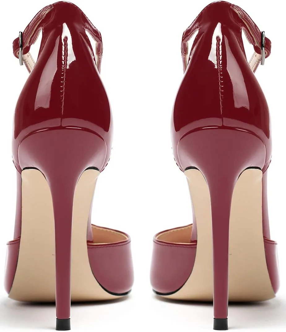 SAMMITOP Women's High Heel Ankle Strap Pumps T-bar Pointed Toe Dress Shoes Patent Leather Sandals