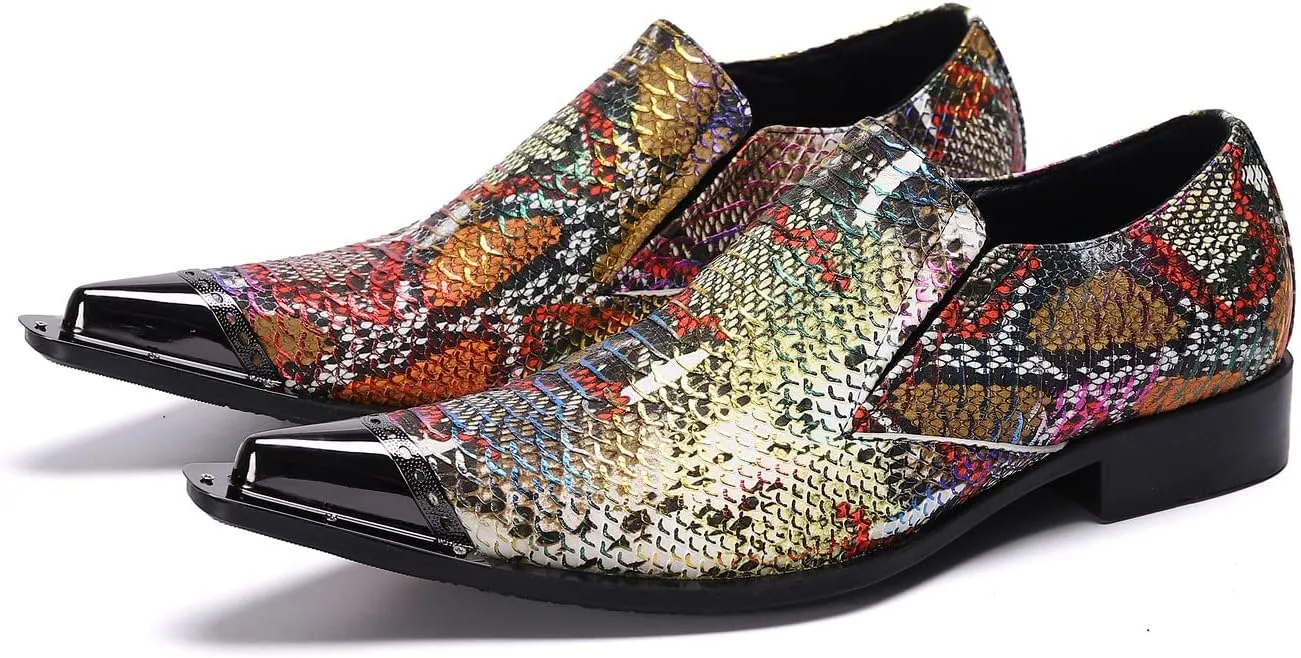 Santimon Mens Slip On Dress Loafers Multicolor Formal Oiled Poured Painting Casual Smoking Breathable Tuxedo Metal Pointed Tip for Party Wedding Shoes