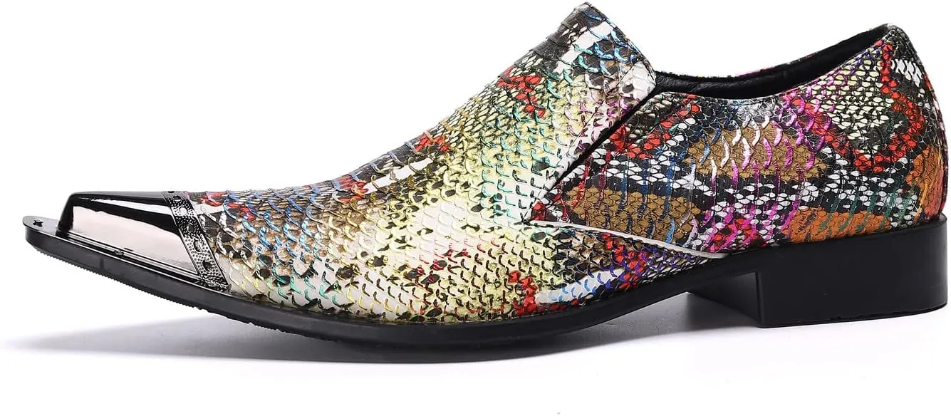 Santimon Mens Slip On Dress Loafers Multicolor Formal Oiled Poured Painting Casual Smoking Breathable Tuxedo Metal Pointed Tip for Party Wedding Shoes