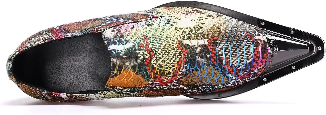 Santimon Mens Slip On Dress Loafers Multicolor Formal Oiled Poured Painting Casual Smoking Breathable Tuxedo Metal Pointed Tip for Party Wedding Shoes