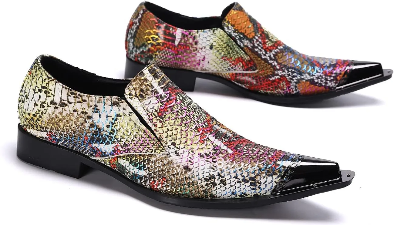 Santimon Mens Slip On Dress Loafers Multicolor Formal Oiled Poured Painting Casual Smoking Breathable Tuxedo Metal Pointed Tip for Party Wedding Shoes