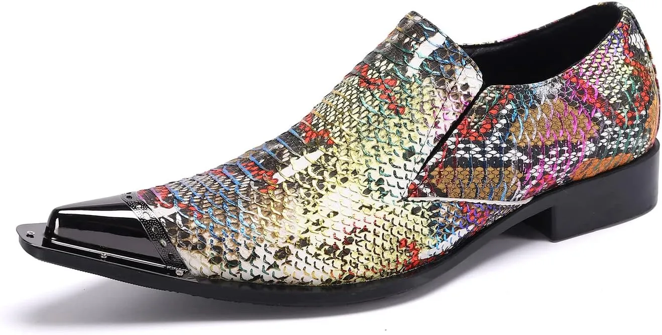 Santimon Mens Slip On Dress Loafers Multicolor Formal Oiled Poured Painting Casual Smoking Breathable Tuxedo Metal Pointed Tip for Party Wedding Shoes