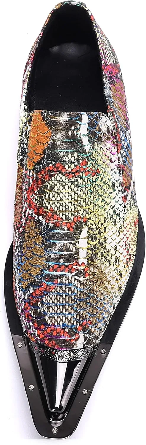 Santimon Mens Slip On Dress Loafers Multicolor Formal Oiled Poured Painting Casual Smoking Breathable Tuxedo Metal Pointed Tip for Party Wedding Shoes