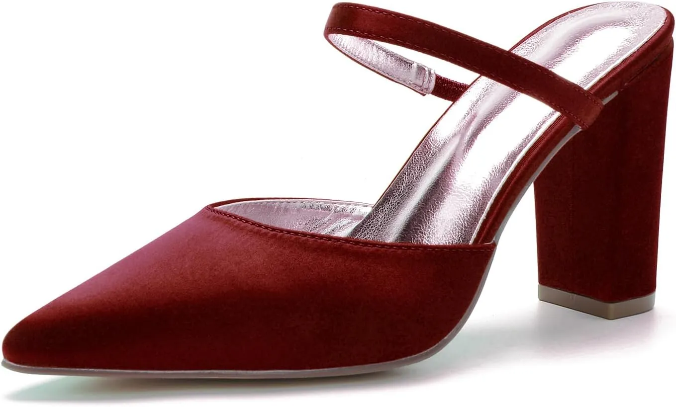 Satin Women's Block Heel Pointed 9CM Bridal Slip-On Sandals Shoes Wedding Backless Slingback for Prom Party Pump Dress Closed Toe