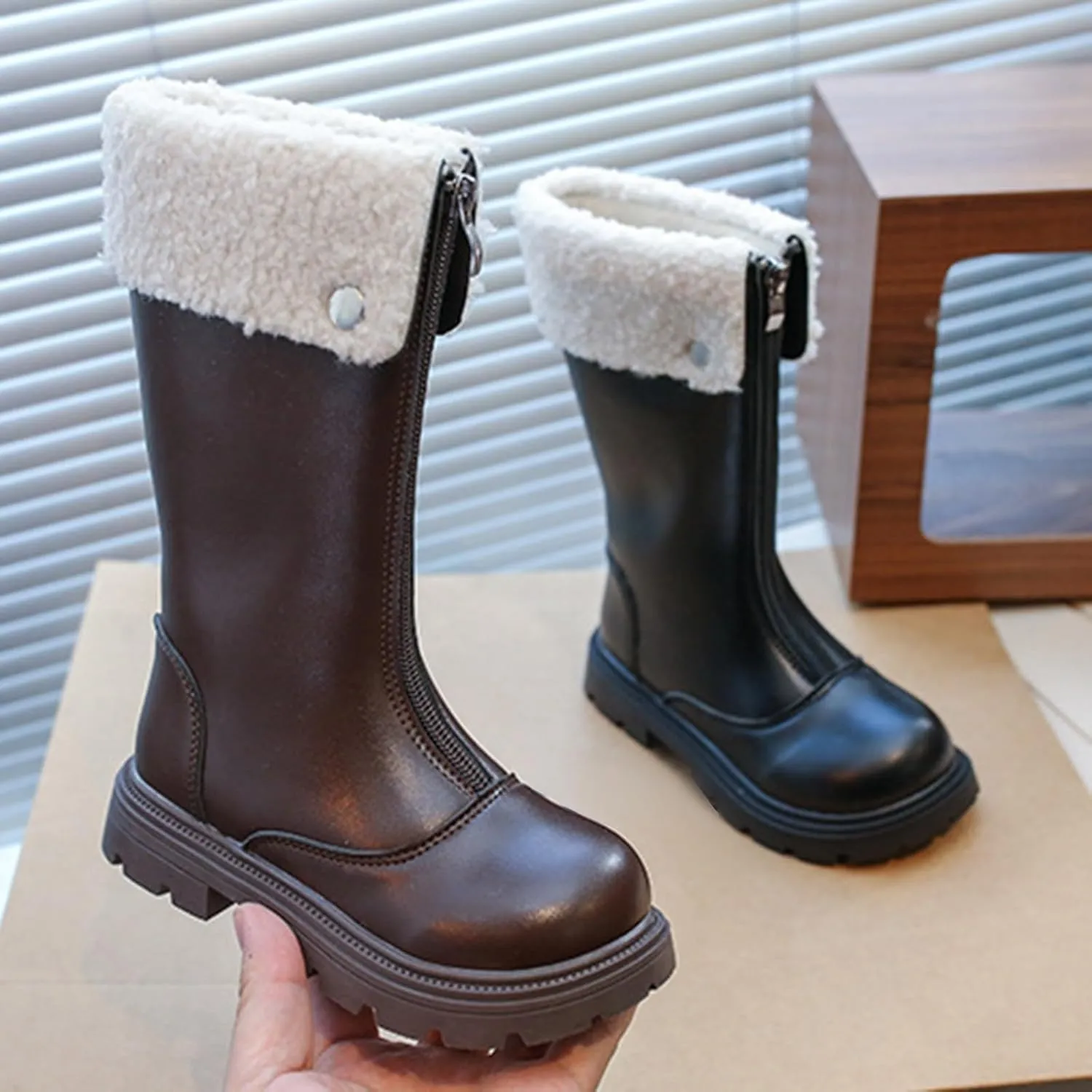 Side Zipper Leather Boots For Girls Kids Toddler Childrens 𝐖aterproof Shoes Outdoor Dress Dance Fuzzy Soft Mid Boots