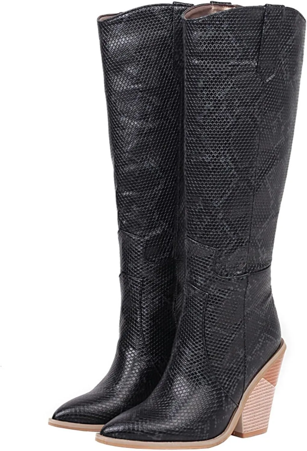 Snake Print Knee High Boots for Women Chunky Heel Pointed Toe Cowboy Boots Sexy Western Snakeskin Cowgirl Boots