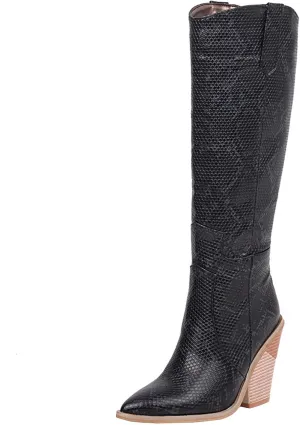 Snake Print Knee High Boots for Women Chunky Heel Pointed Toe Cowboy Boots Sexy Western Snakeskin Cowgirl Boots