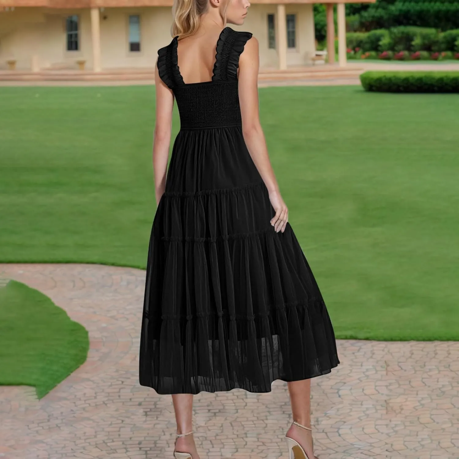 Square Neck Smocked Maxi Dress for Women with Ruffled Straps TieBoho Beach Dress