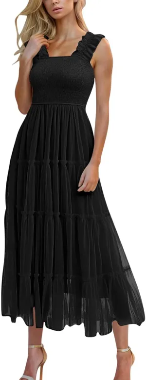 Square Neck Smocked Maxi Dress for Women with Ruffled Straps TieBoho Beach Dress