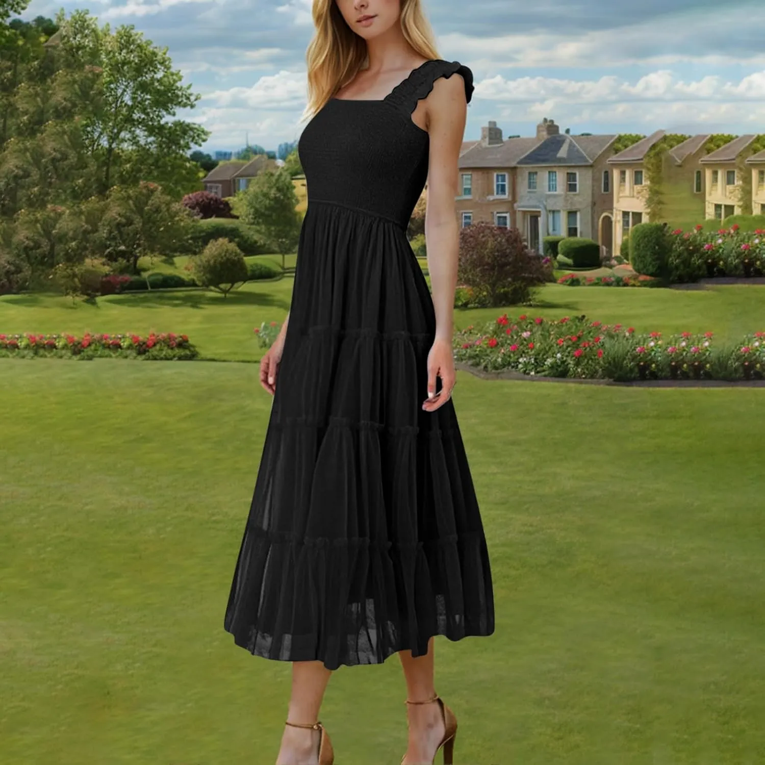 Square Neck Smocked Maxi Dress for Women with Ruffled Straps TieBoho Beach Dress