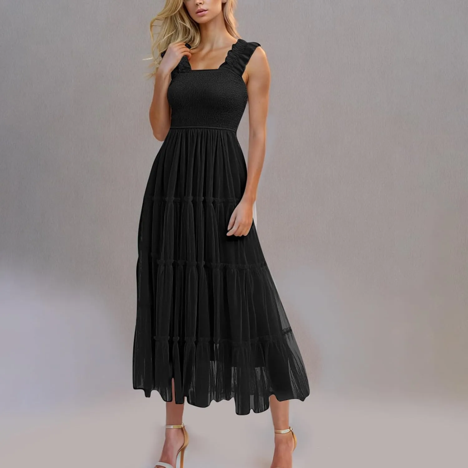 Square Neck Smocked Maxi Dress for Women with Ruffled Straps TieBoho Beach Dress
