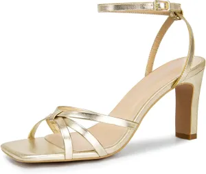 Strappy Heels for Women Lace Up Ankle Strap Square Toe High Heels 3.3 Inch Women's Wedding Party Prom Sandals