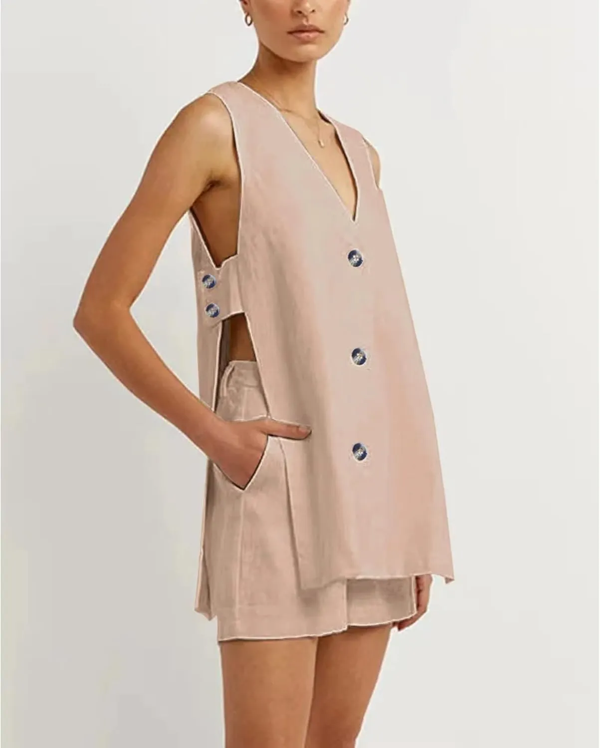 Street Wear Women Suits 2 Pieces Sets V Neck Sleeveless Buttons Vest Blazer High Waist Shorts Lady Office Tracksuit
