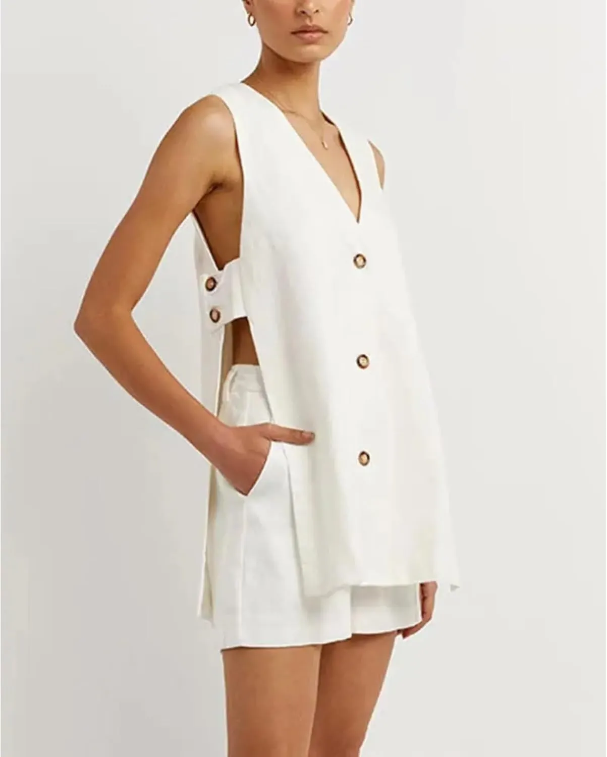 Street Wear Women Suits 2 Pieces Sets V Neck Sleeveless Buttons Vest Blazer High Waist Shorts Lady Office Tracksuit