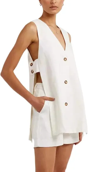 Street Wear Women Suits 2 Pieces Sets V Neck Sleeveless Buttons Vest Blazer High Waist Shorts Lady Office Tracksuit