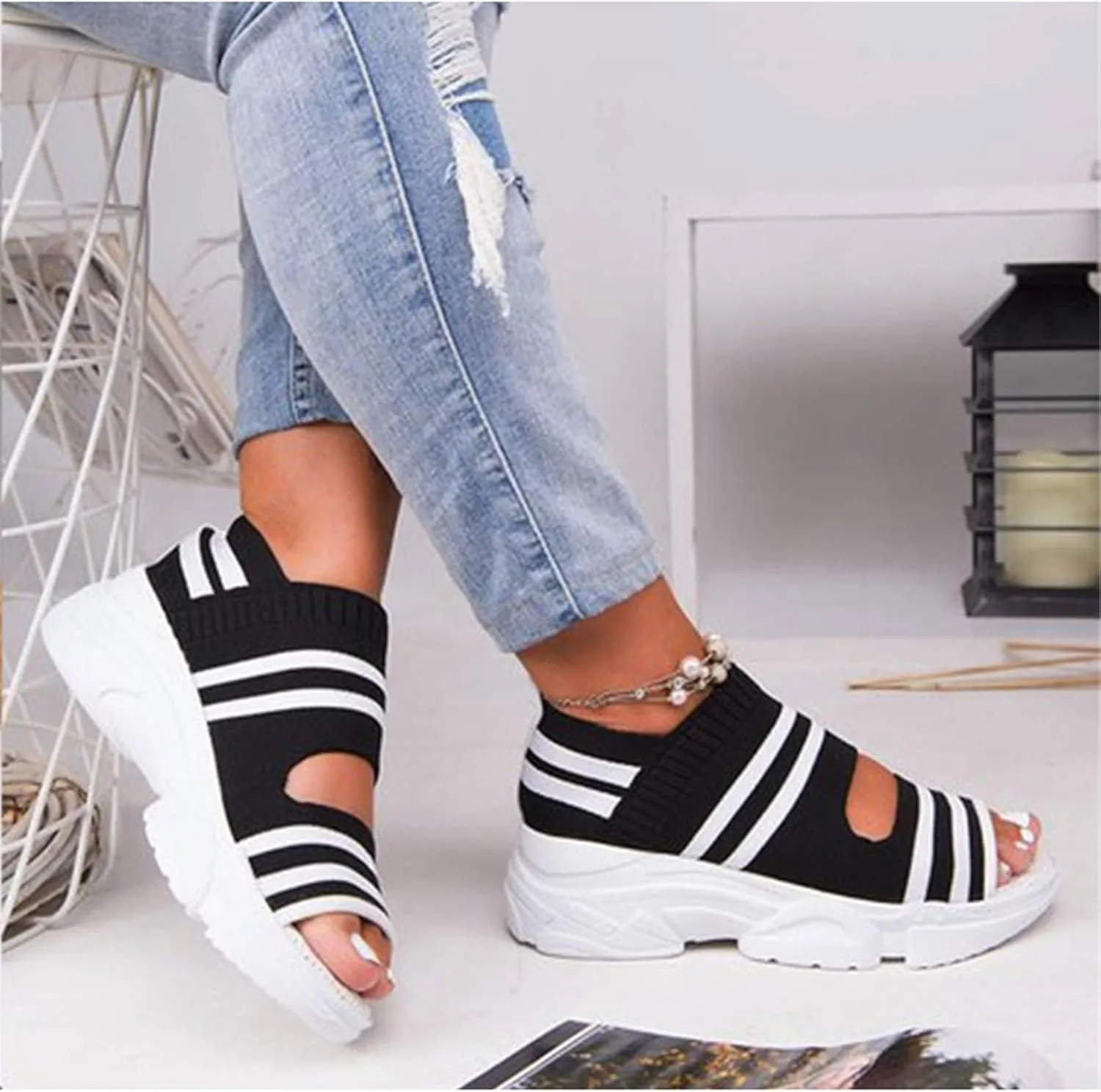 Summer Casual Woven ​Wedge Comfy Open Toe Sandals Suitable for Women,Blue,40