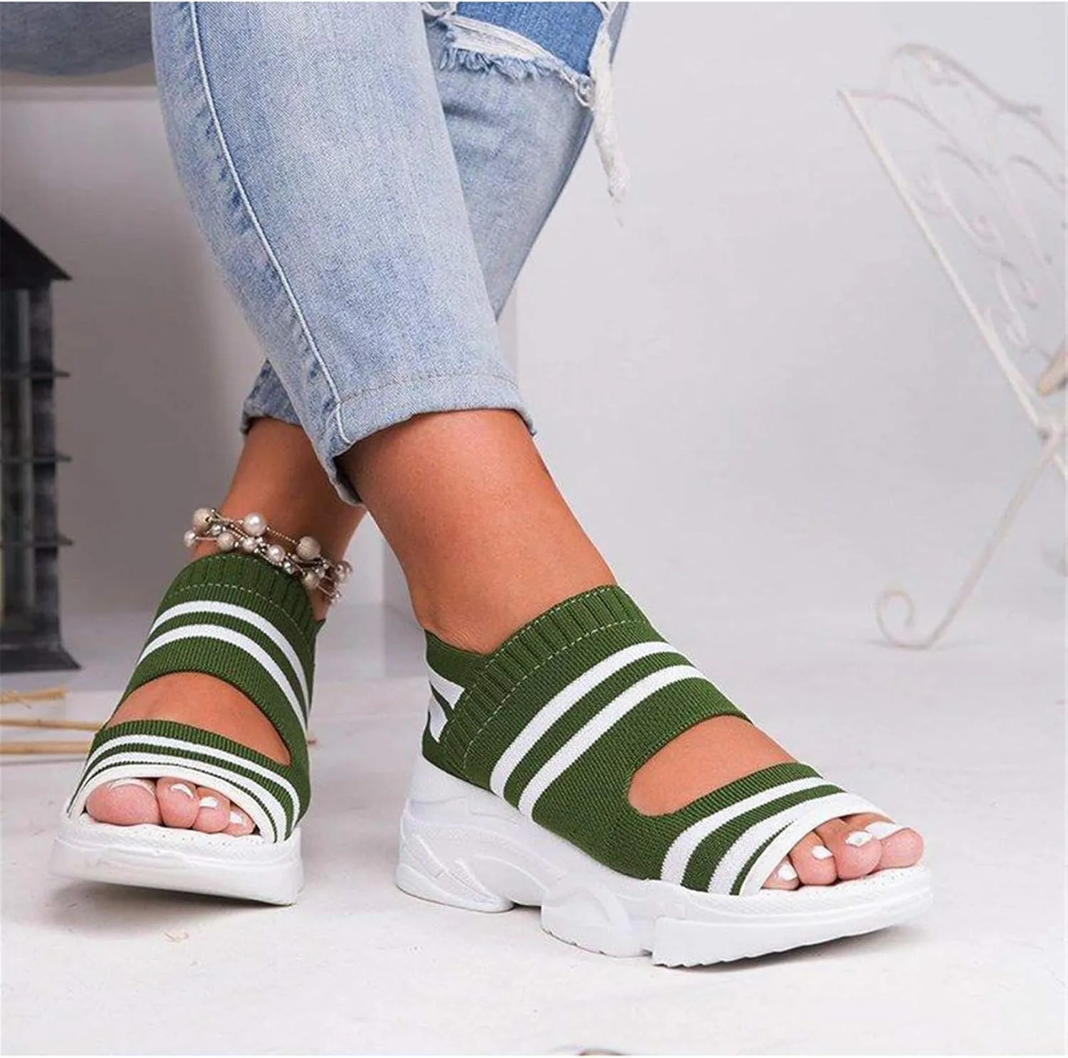 Summer Casual Woven ​Wedge Comfy Open Toe Sandals Suitable for Women,Blue,40
