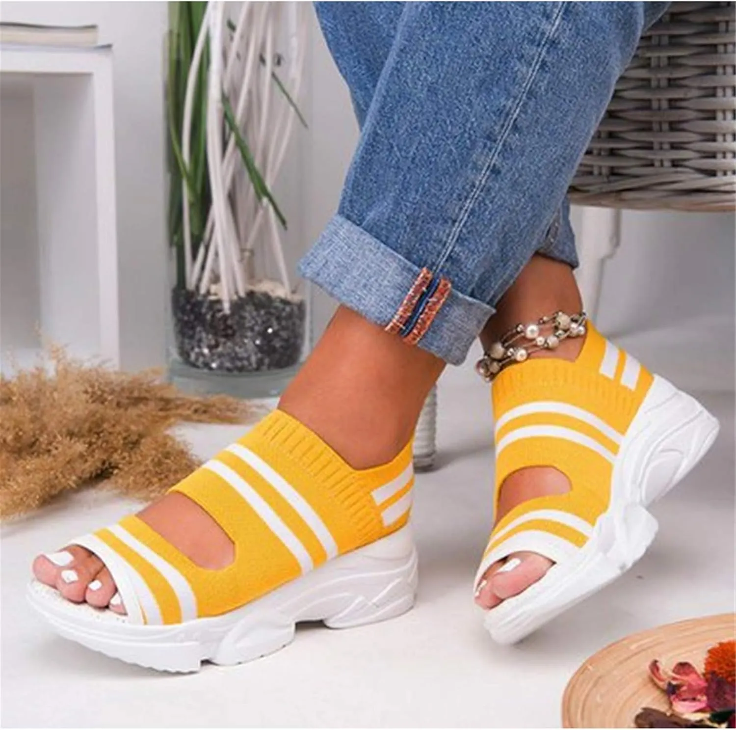 Summer Casual Woven ​Wedge Comfy Open Toe Sandals Suitable for Women,Blue,40