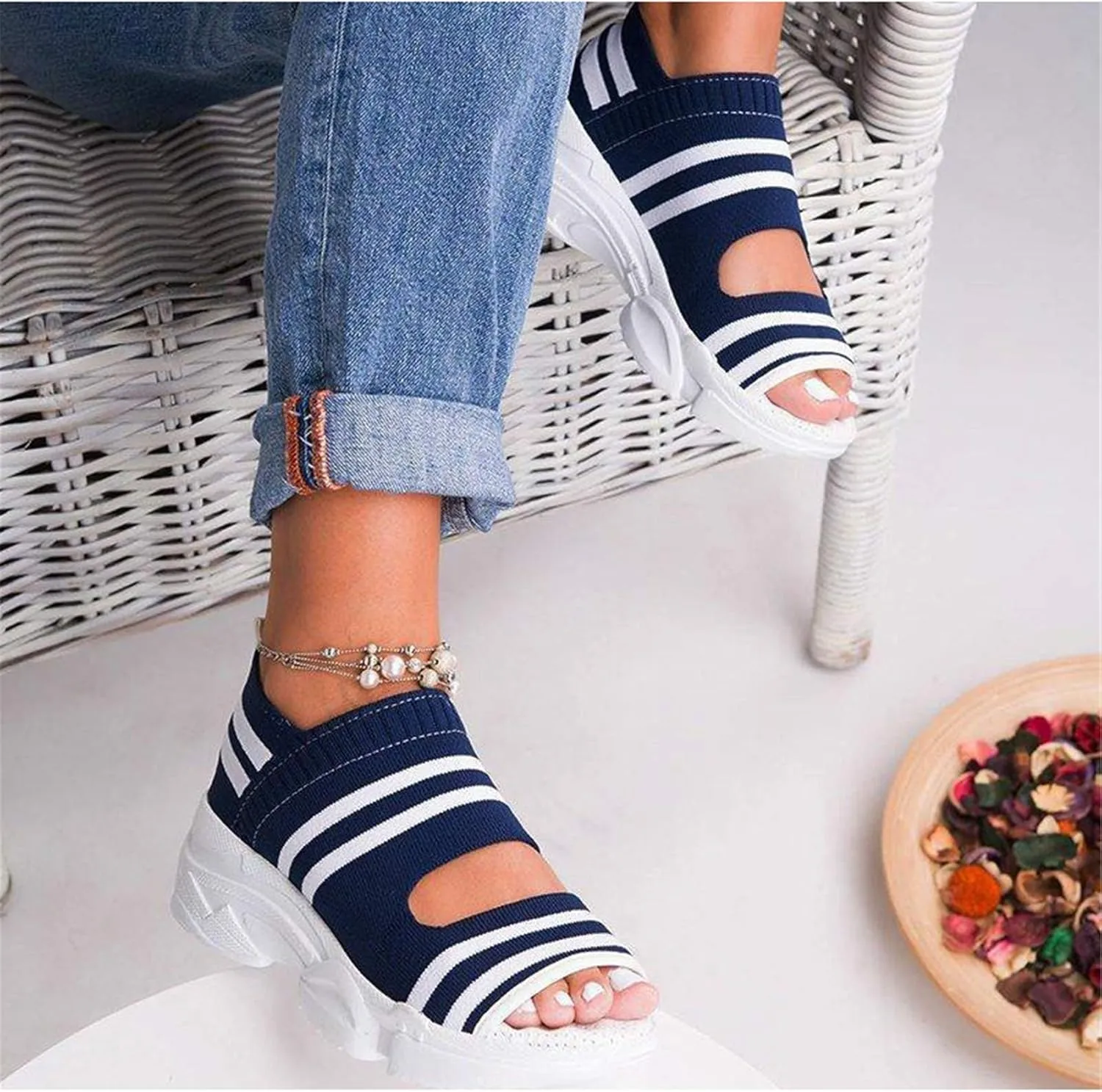 Summer Casual Woven ​Wedge Comfy Open Toe Sandals Suitable for Women,Blue,40