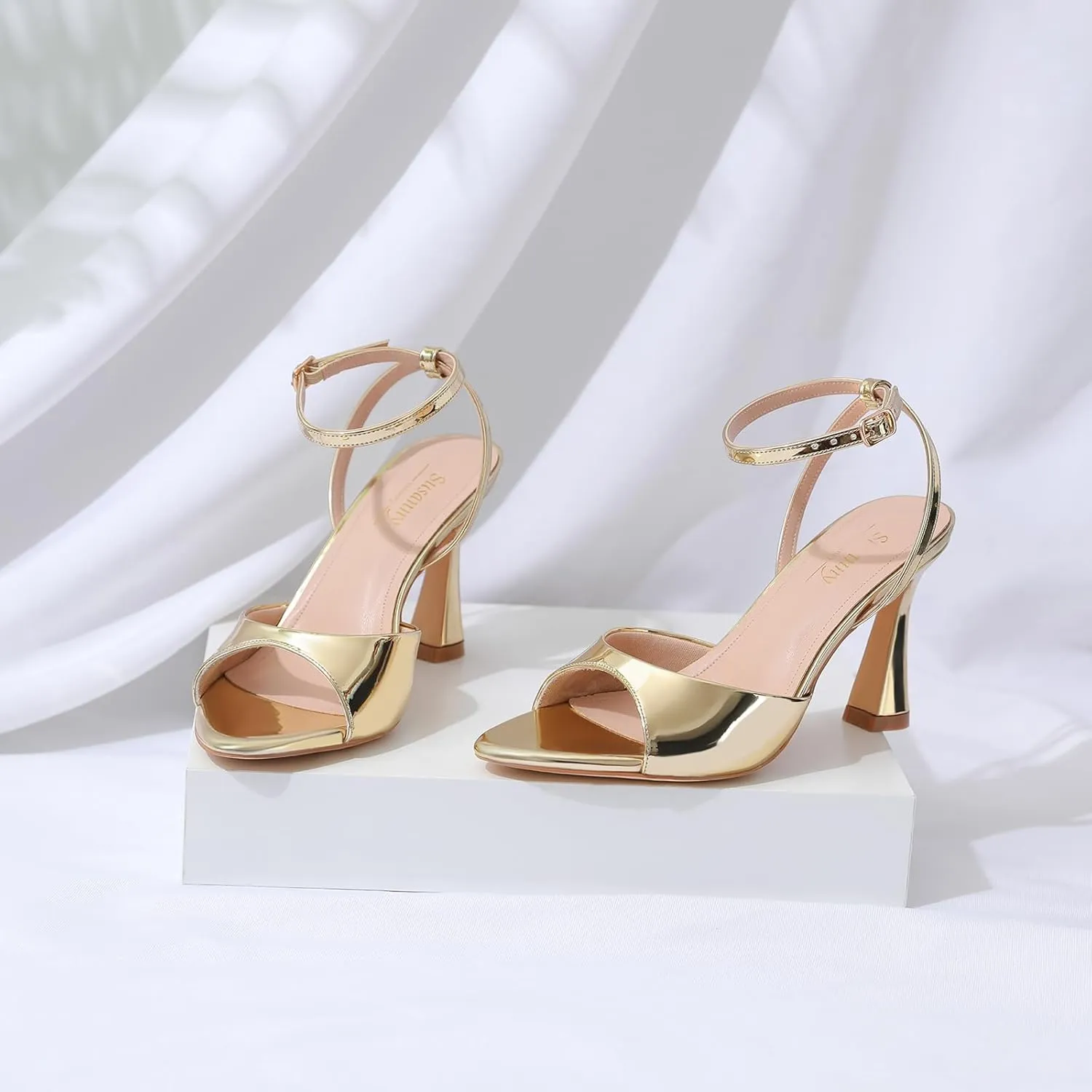 Susanny High Heels for Women Pointed Open Toe Strappy Chunky Block Heels Ankle Strap Stiletto Kitten Heeled Sandals Wedding Bridal Party Prom Sexy Dress Shoes
