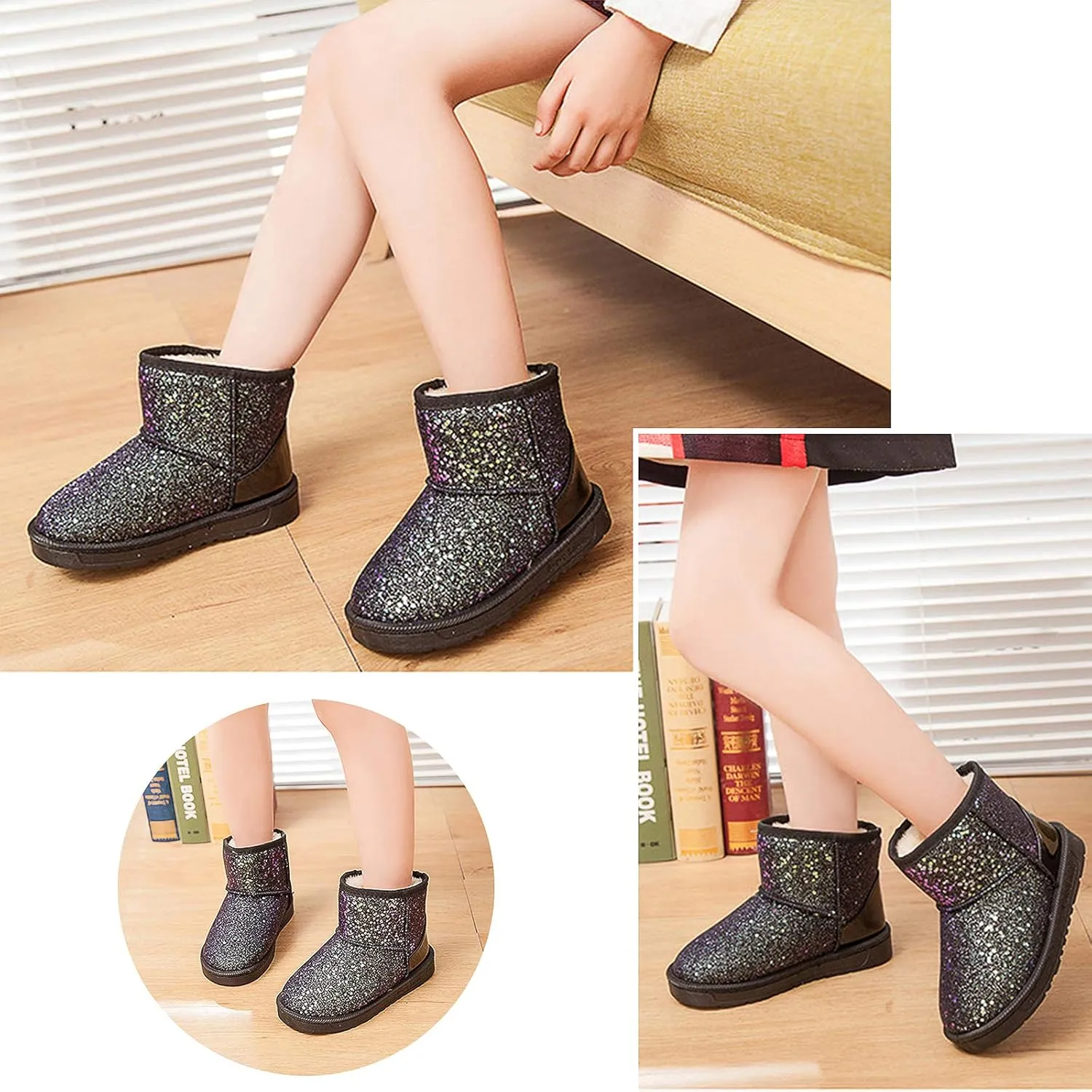 techcity Boys Girls Winter Warm Snow Boots Sequin Fur Lined Waterproof Boot Glitter Princess Outdoor Shoes(Toddler/Little Kid)