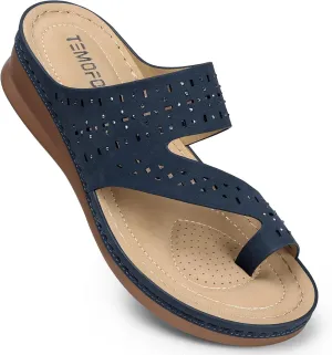 TEMOFON Women Summer Flip Flops: Comfortable Wedge Sandals - Dressy Casual Slip on Sandals - Navy Blue Orthopedic Walking Sandals Size 6