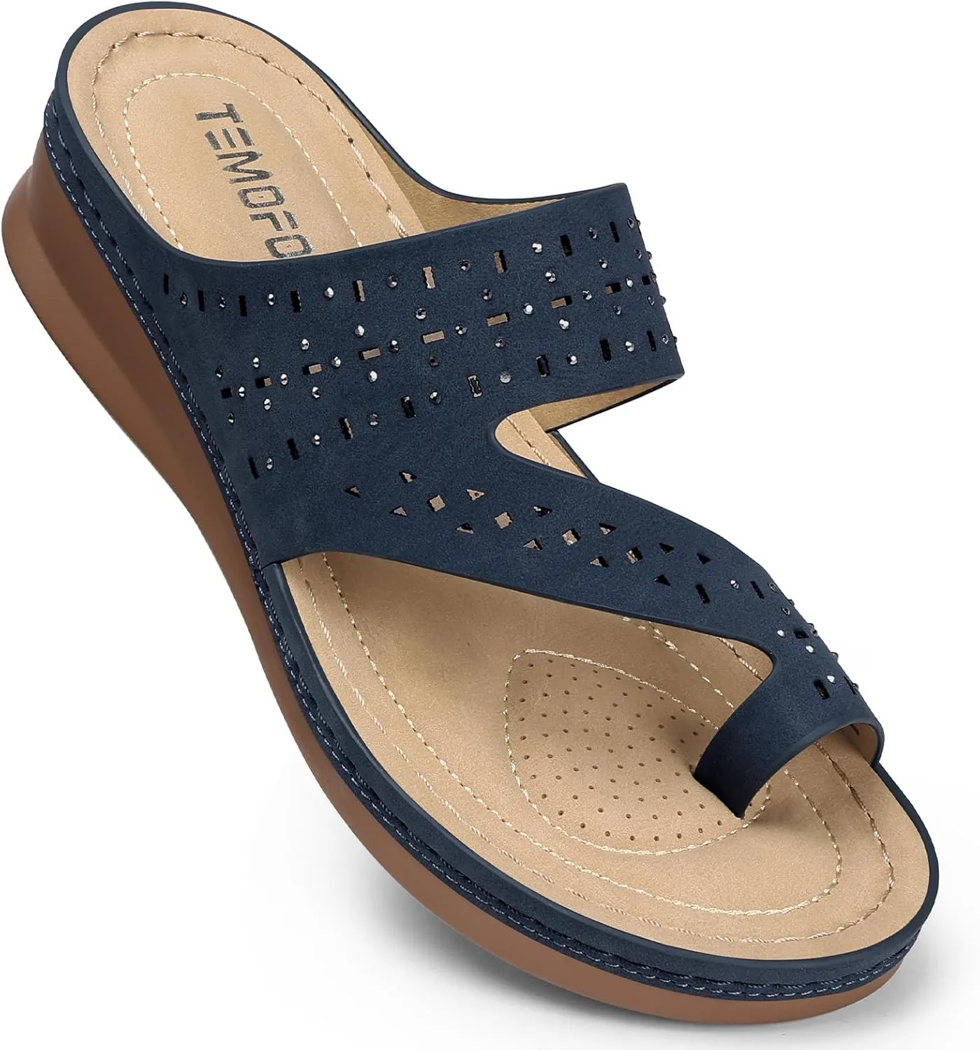 TEMOFON Women Summer Flip Flops: Comfortable Wedge Sandals - Dressy Casual Slip on Sandals - Navy Blue Orthopedic Walking Sandals Size 6