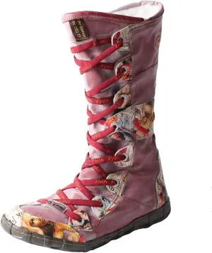 TMA EYES Long Washed Contrast-Stitch Lace Eyes Side Zipper Women's Boots