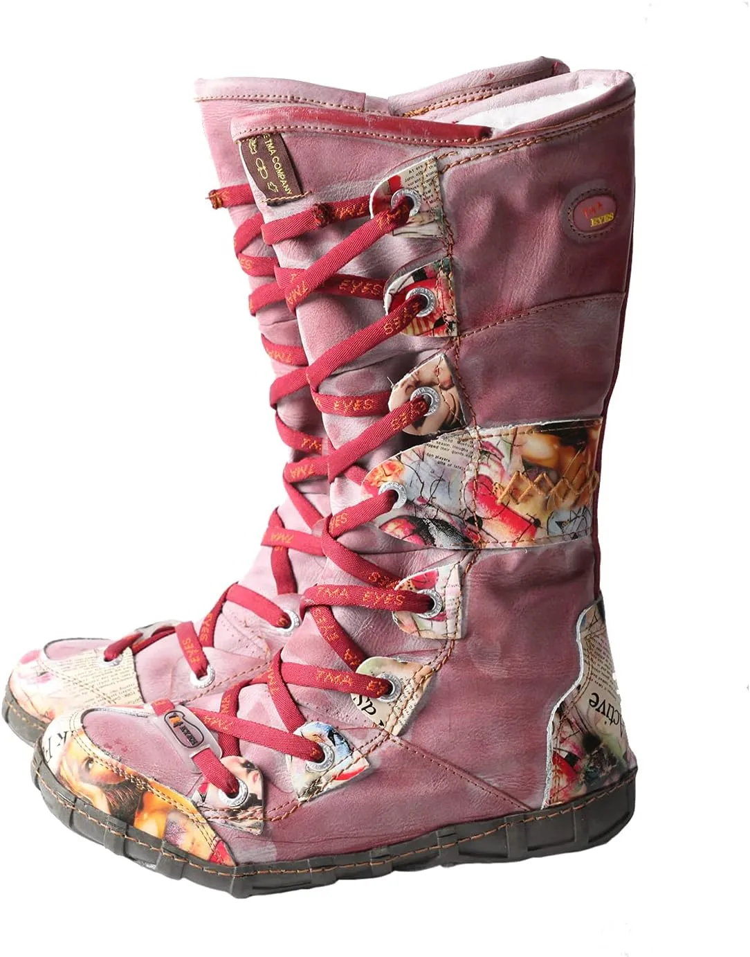 TMA EYES Long Washed Contrast-Stitch Lace Eyes Side Zipper Women's Boots