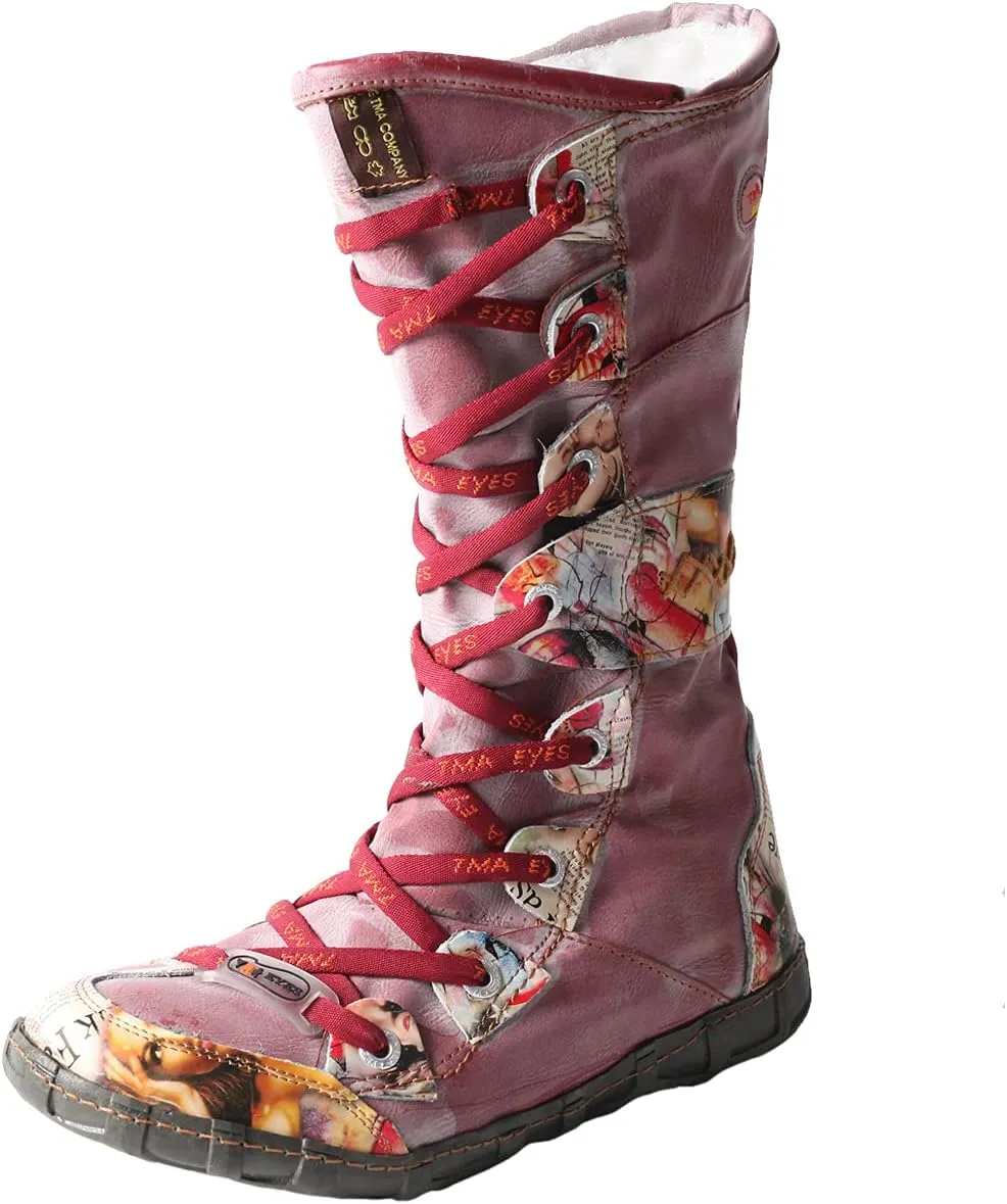 TMA EYES Long Washed Contrast-Stitch Lace Eyes Side Zipper Women's Boots