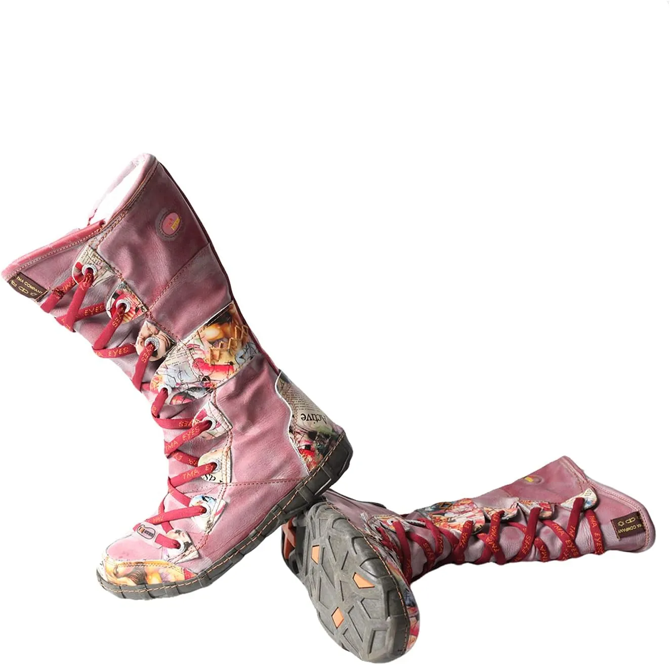 TMA EYES Long Washed Contrast-Stitch Lace Eyes Side Zipper Women's Boots