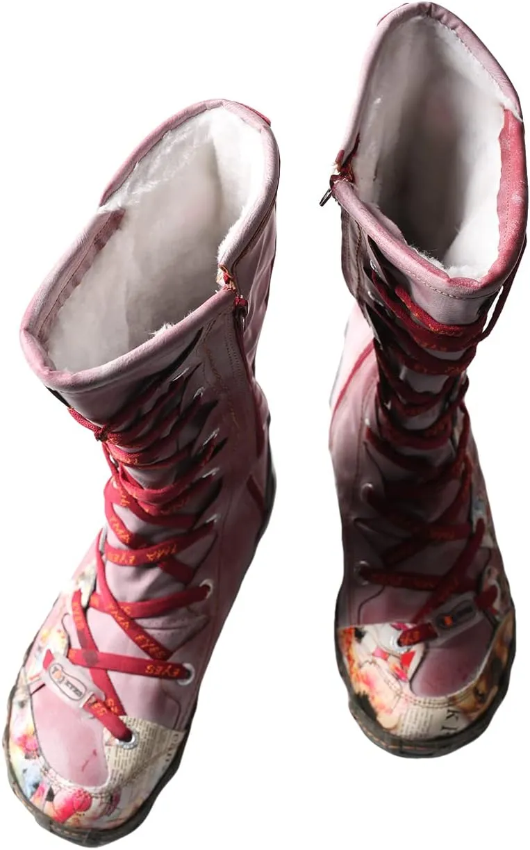 TMA EYES Long Washed Contrast-Stitch Lace Eyes Side Zipper Women's Boots